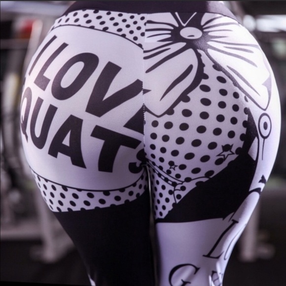 NWT “I LOVE SQUATS” COMIC BOOK DESIGN BLACK WHITE LEGGINGS SIZE MEDIUM - Picture 2 of 6
